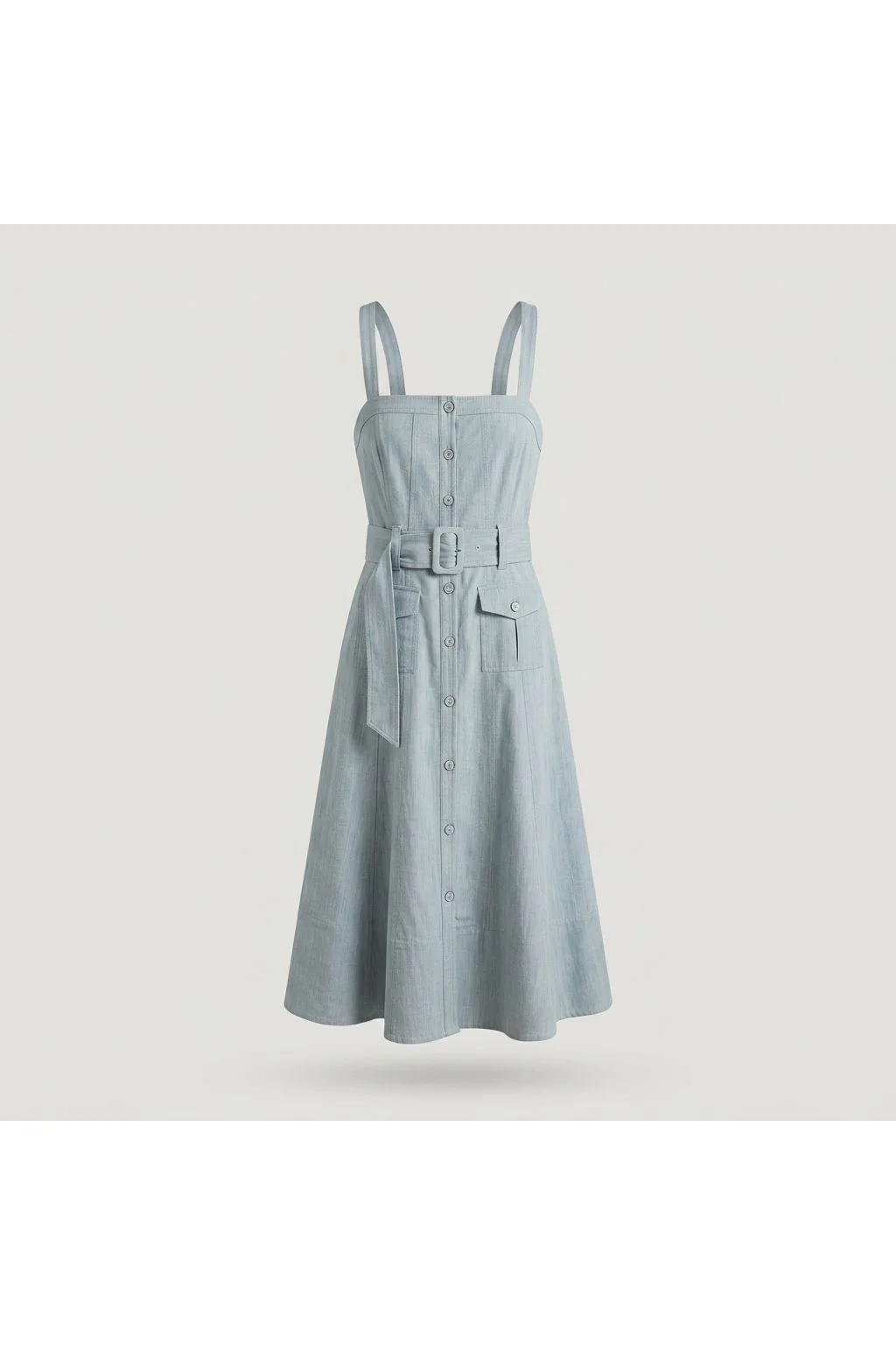 Belted Button-Front Midi Dress   Blue