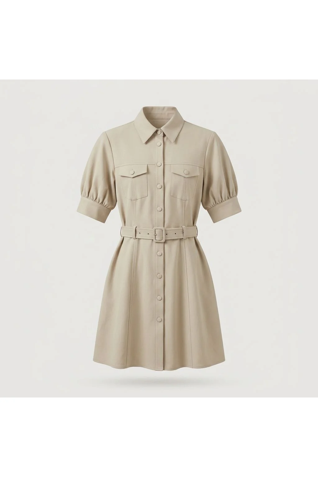 Belted Puff Sleeve Shirt Dress   Beige