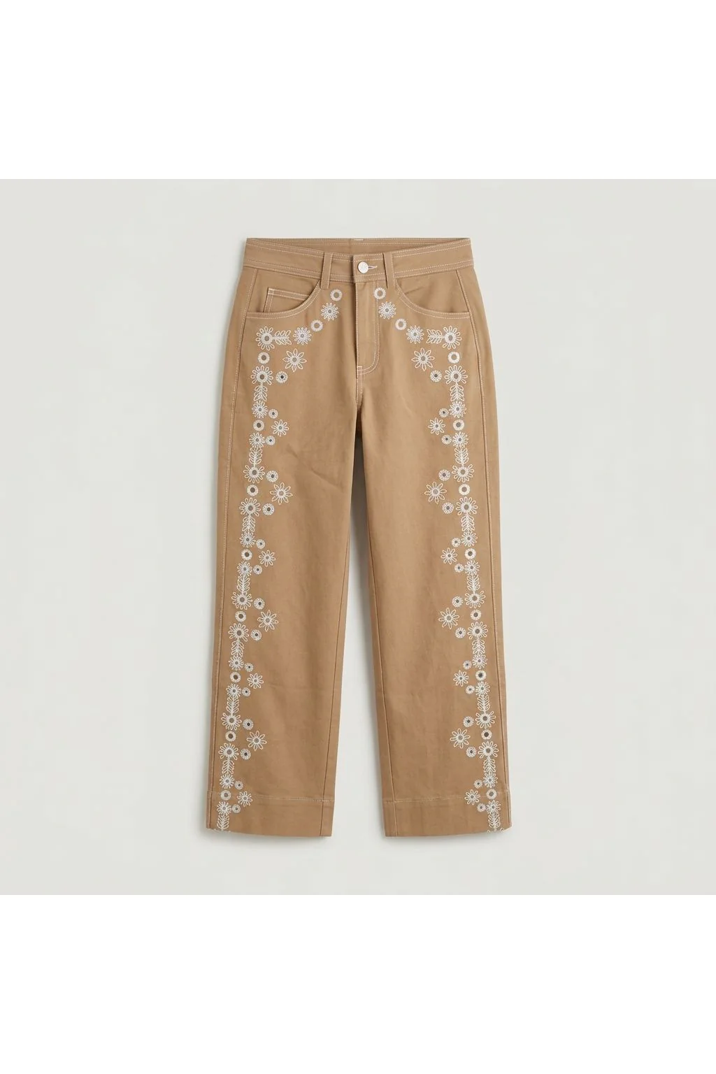 Embroidered Straight Leg Pant   Brown