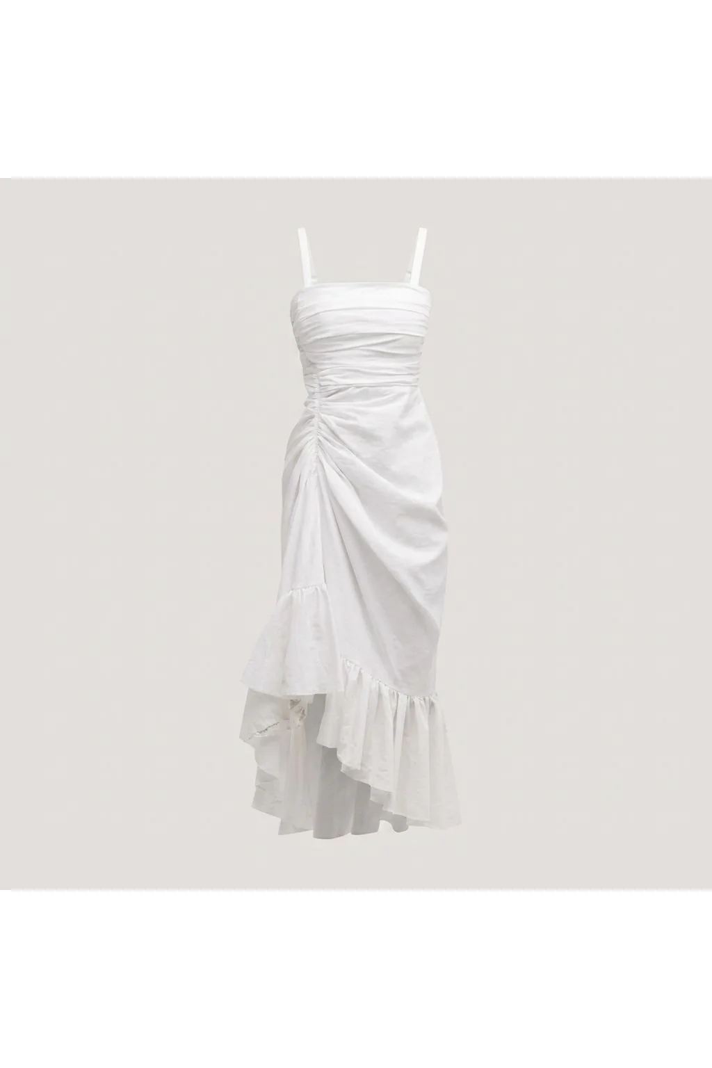 Ruched Asymmetric Ruffle Dress White