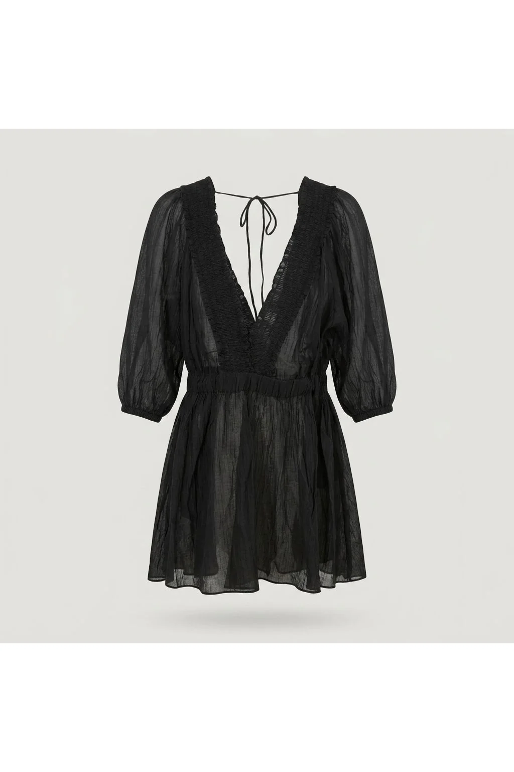 Sheer Smocked V-Neck Blouse   Black
