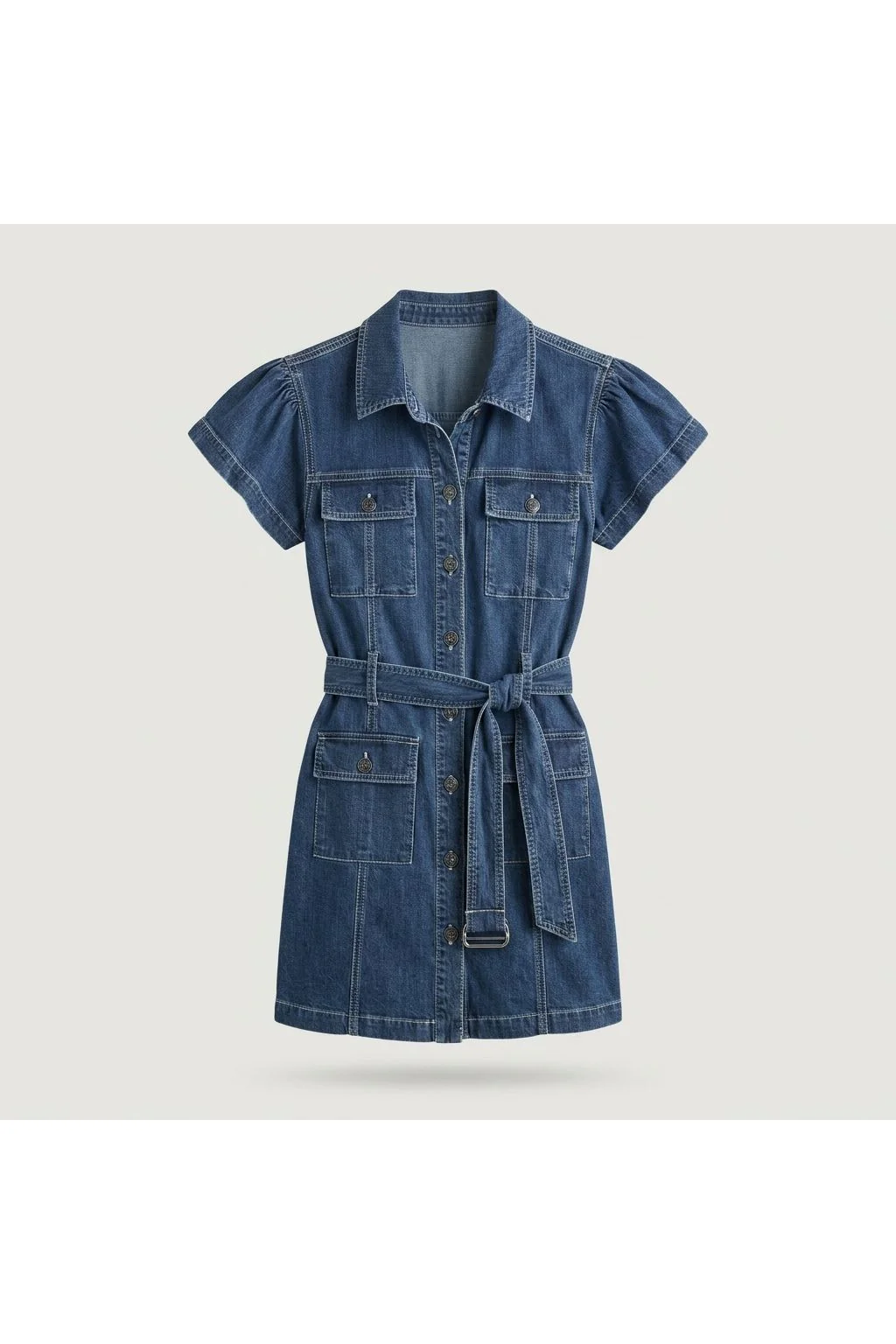 Short Sleeve Denim Shirt Dress Blue