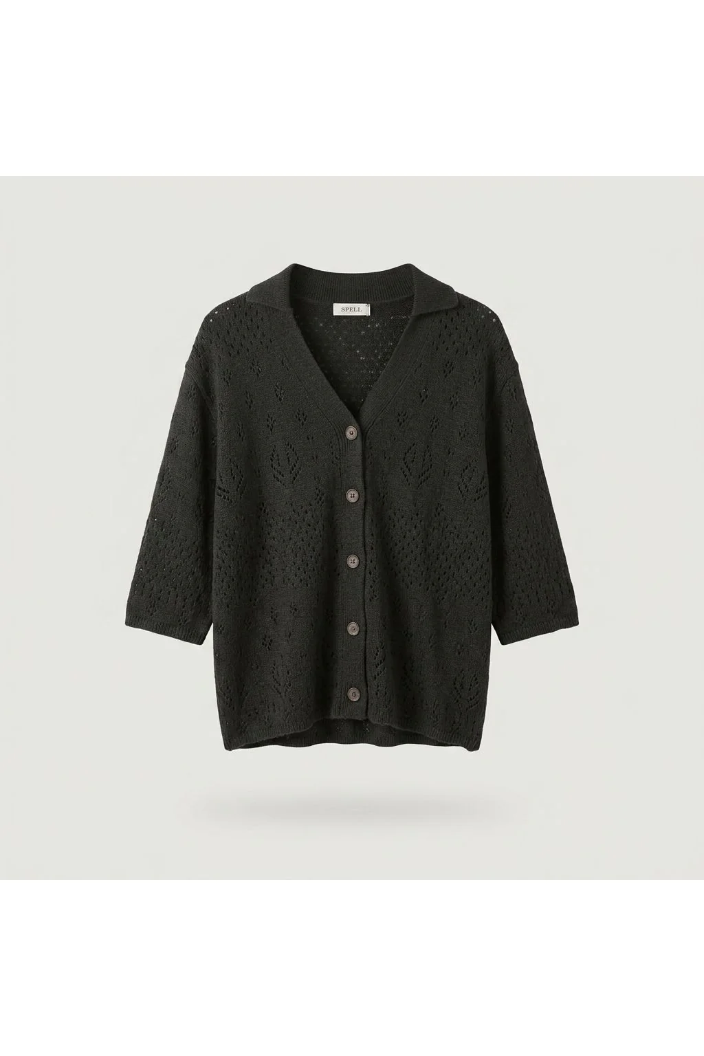 Pointelle Knit Collared Cardigan | Green